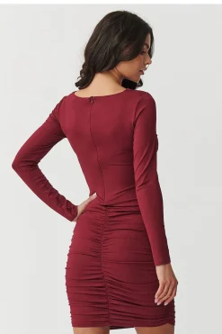 Robe de soirée bordeaux moulante manches longues