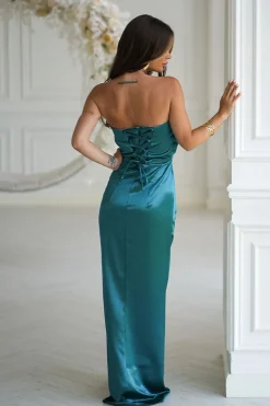 Robe de soirée bustier verte satinée