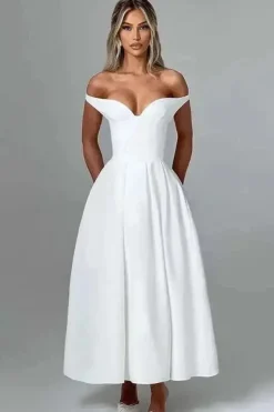 Robe de soirée chic midi col bardot