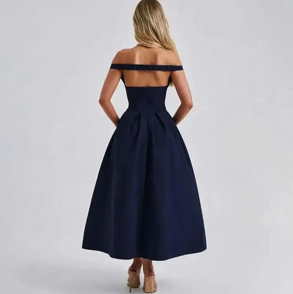 Robe de soirée chic midi col bardot