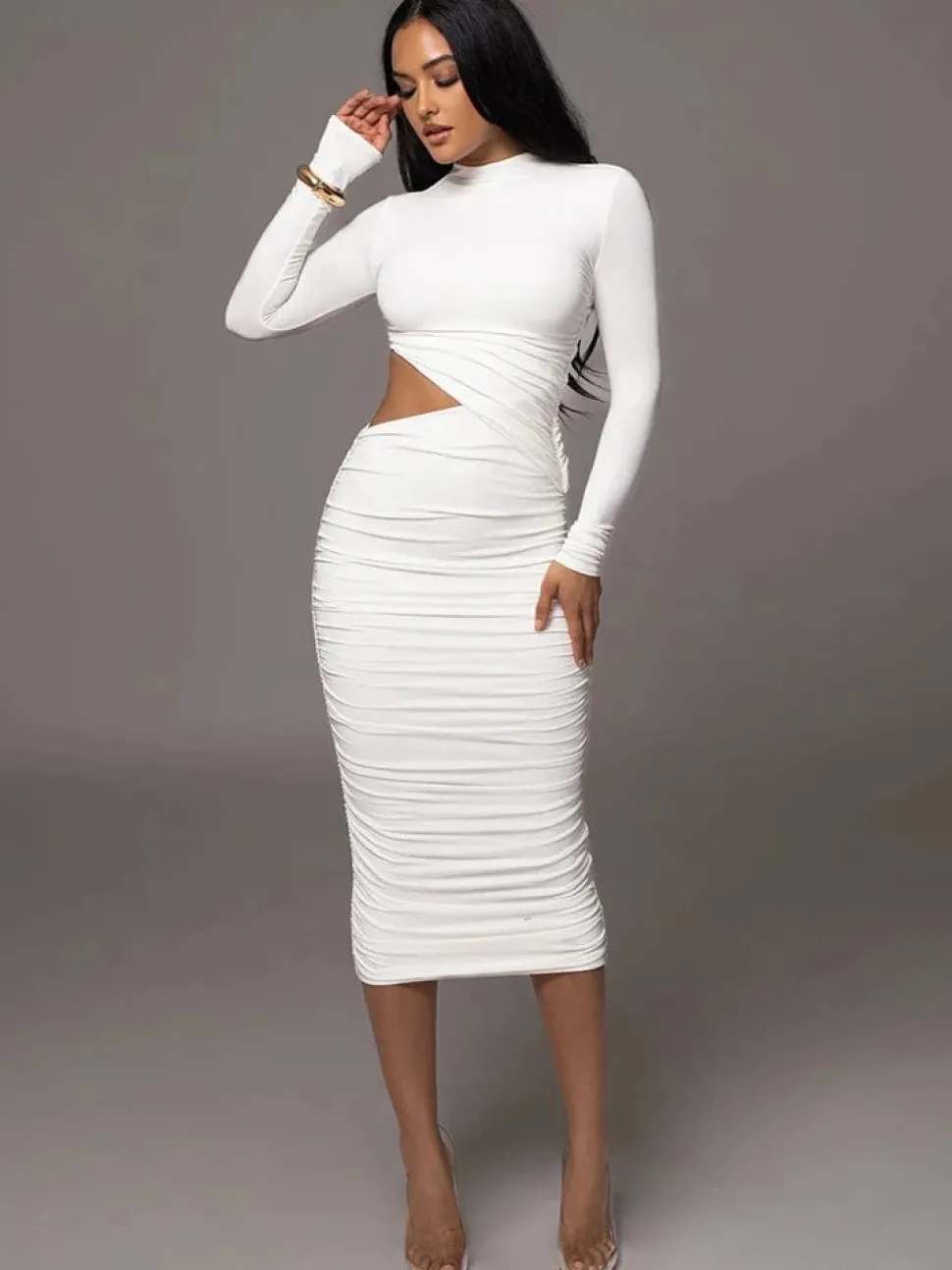 Robe de soirée chic midi à manche longue