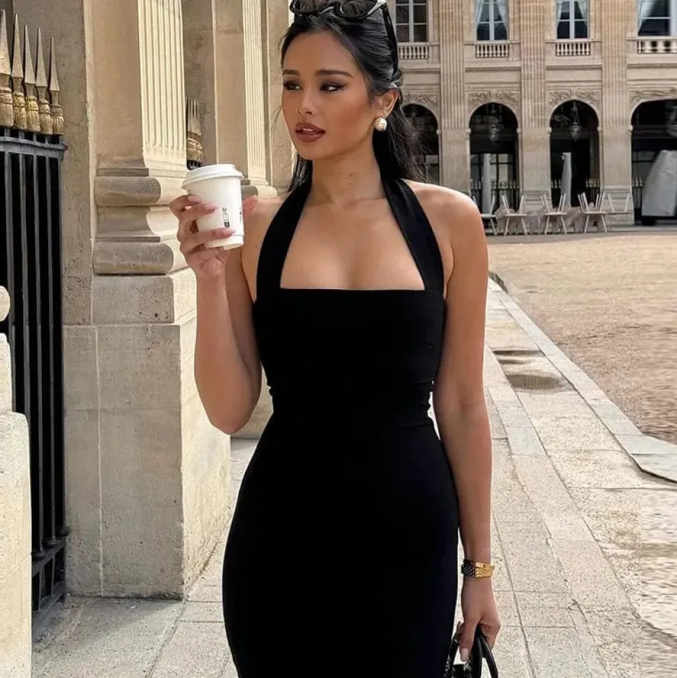 Robe de soirée chic noire midi dos nu