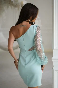 Robe de soirée courte bleue une manche