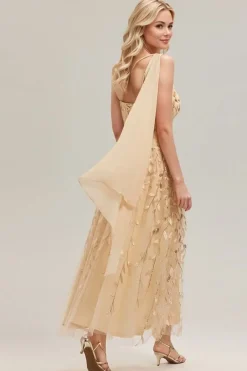 Robe de soirée de mariage dorée une épaule et fente