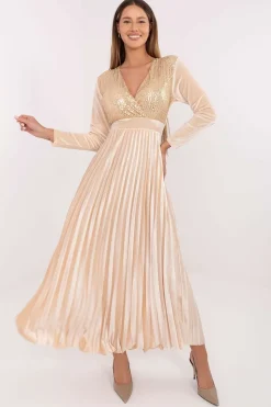 Robe de soirée dorée longue jupe plissée