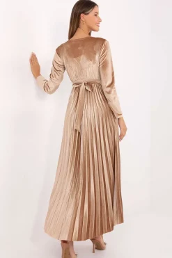 Robe de soirée dorée longue plissée chic
