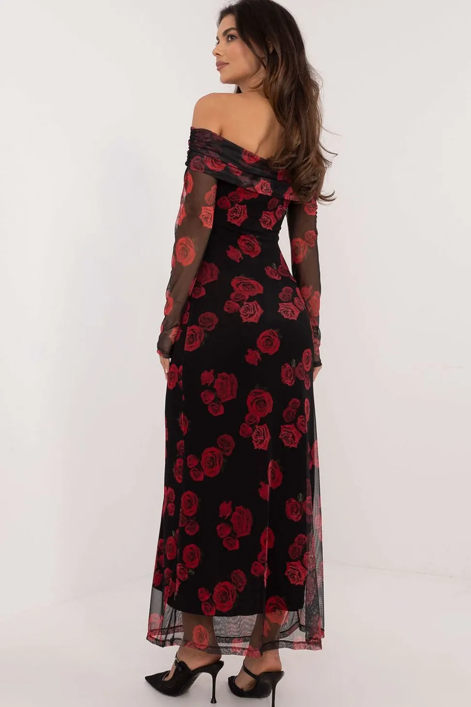 Robe de soirée fleurie longue épaules dénudées