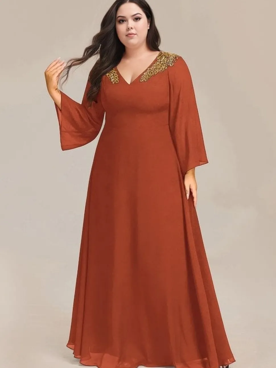 Robe de soirée grande taille couleur terracotta