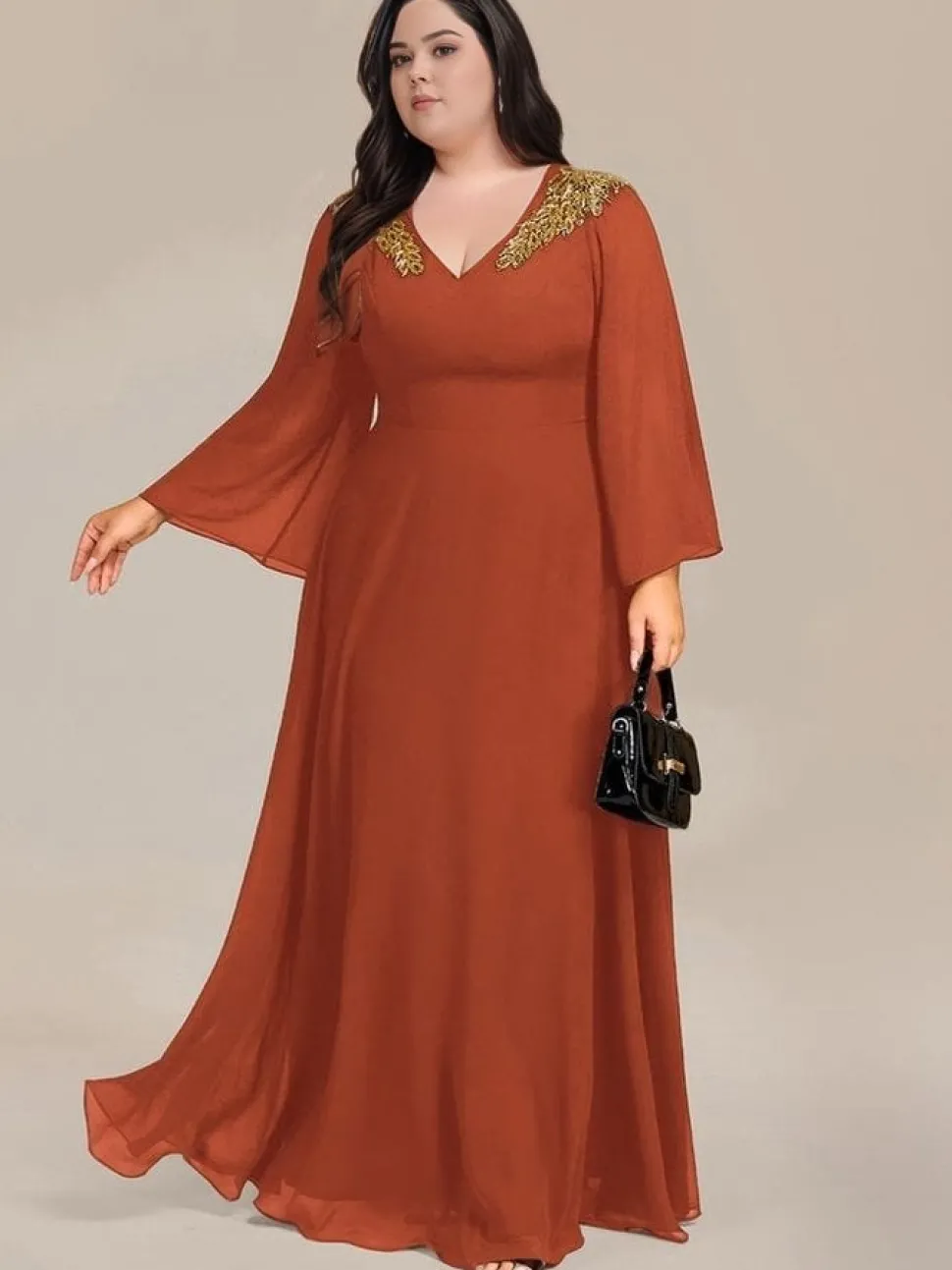 Robe de soirée grande taille couleur terracotta