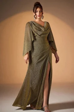 Robe de soirée grande taille fendue dorée manches évasées