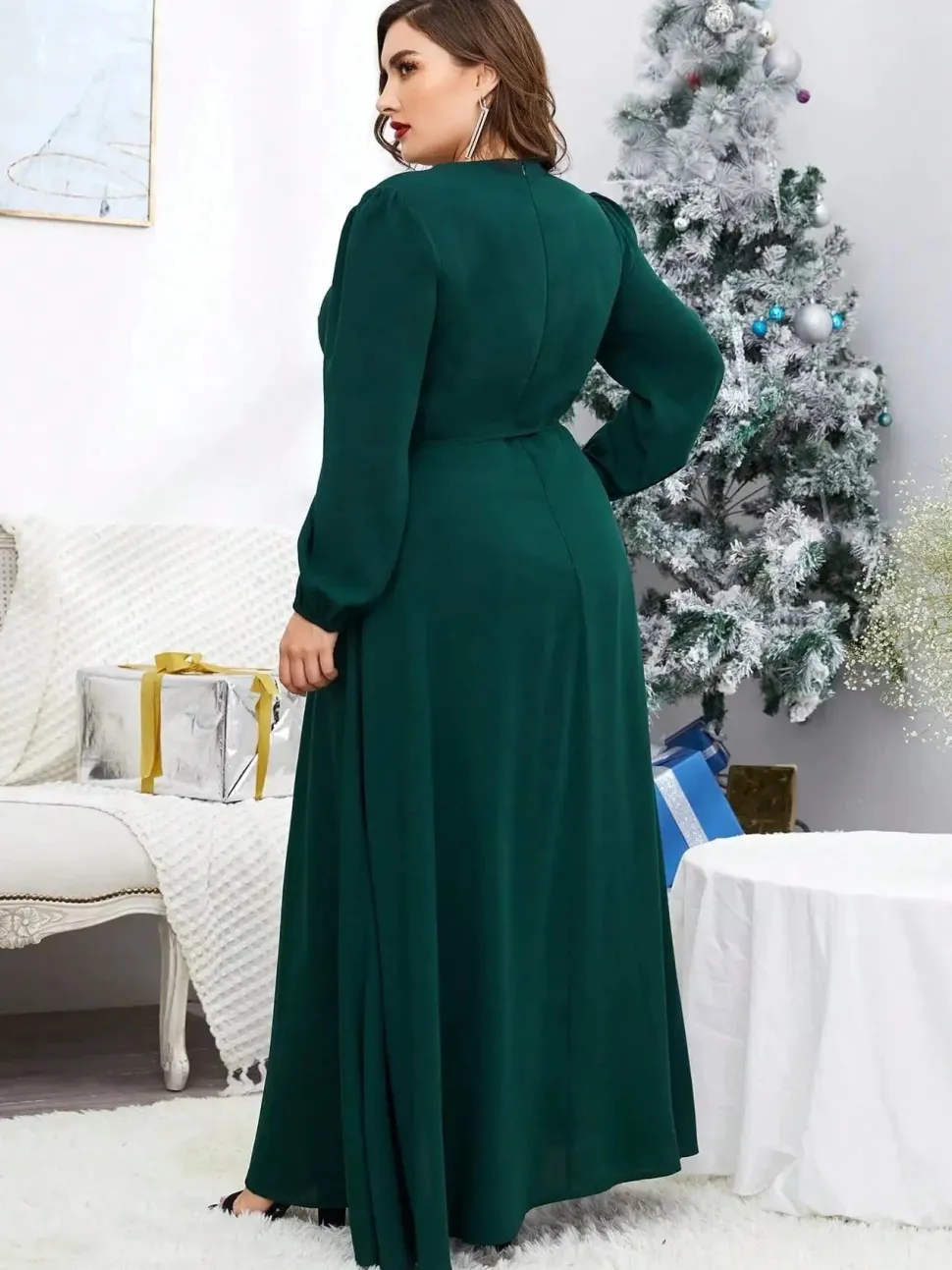 Robe de soirée grande taille verte manches longues