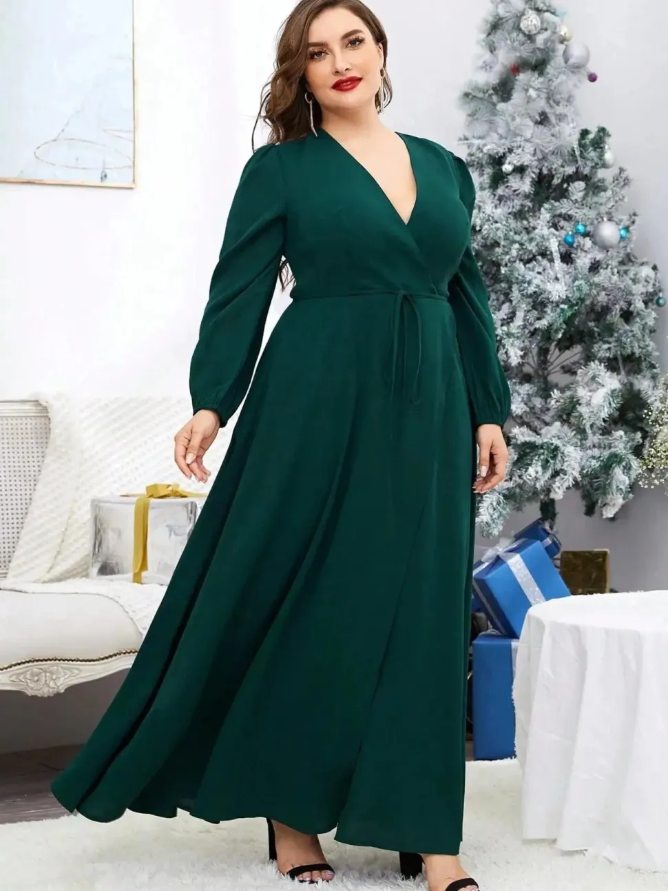 Robe de soirée grande taille verte manches longues