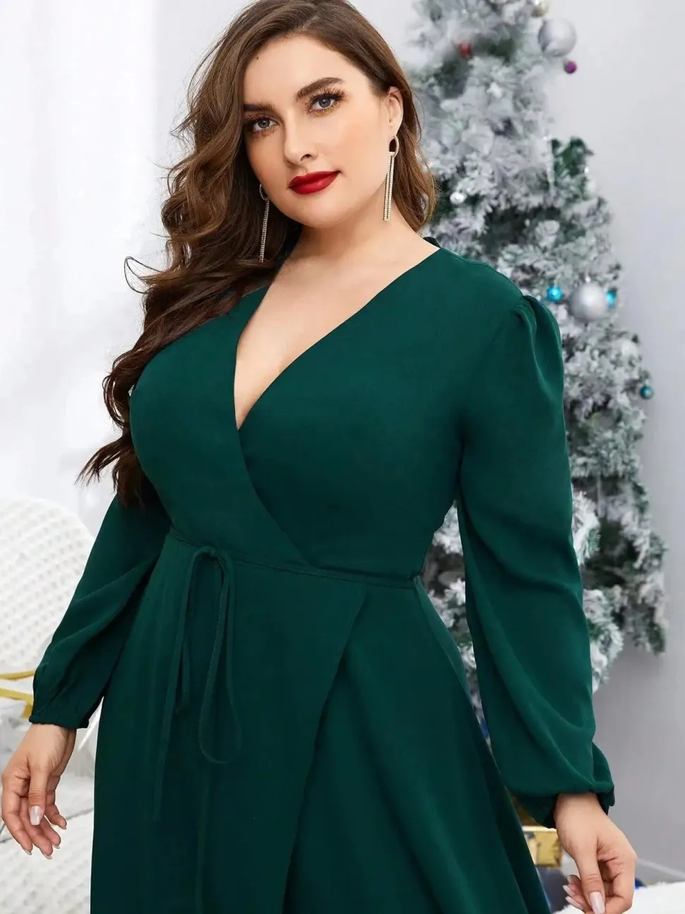 Robe de soirée grande taille verte manches longues