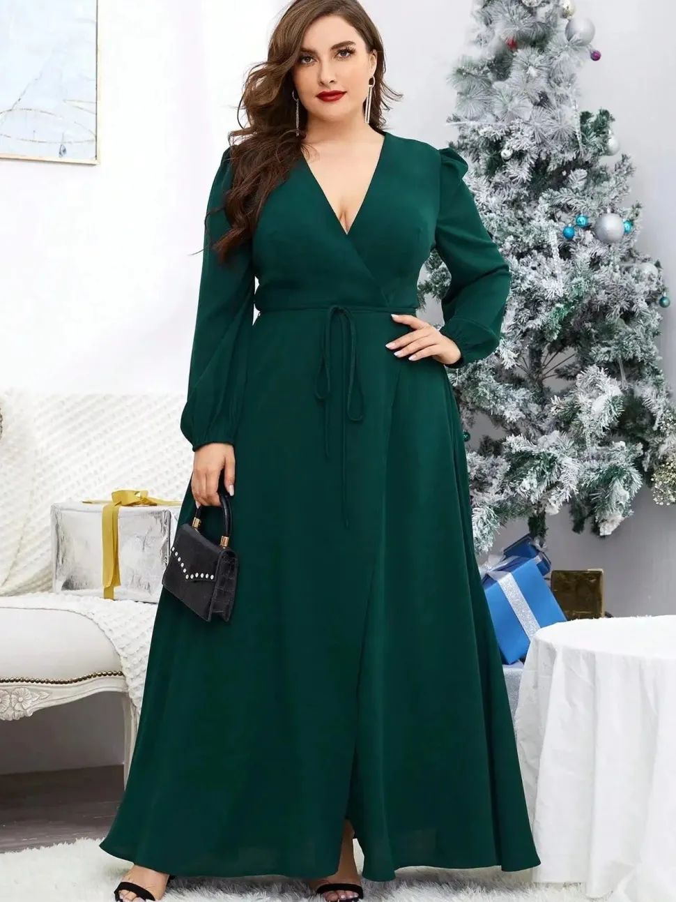 Robe de soirée grande taille verte manches longues