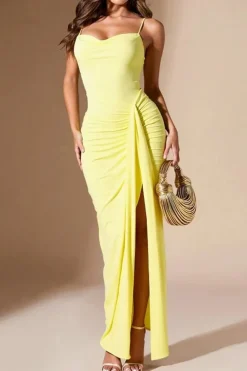 Robe de soirée jaune moulante drappée