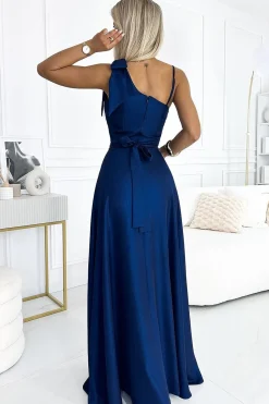 Robe de soirée élégante bleue longue fendue