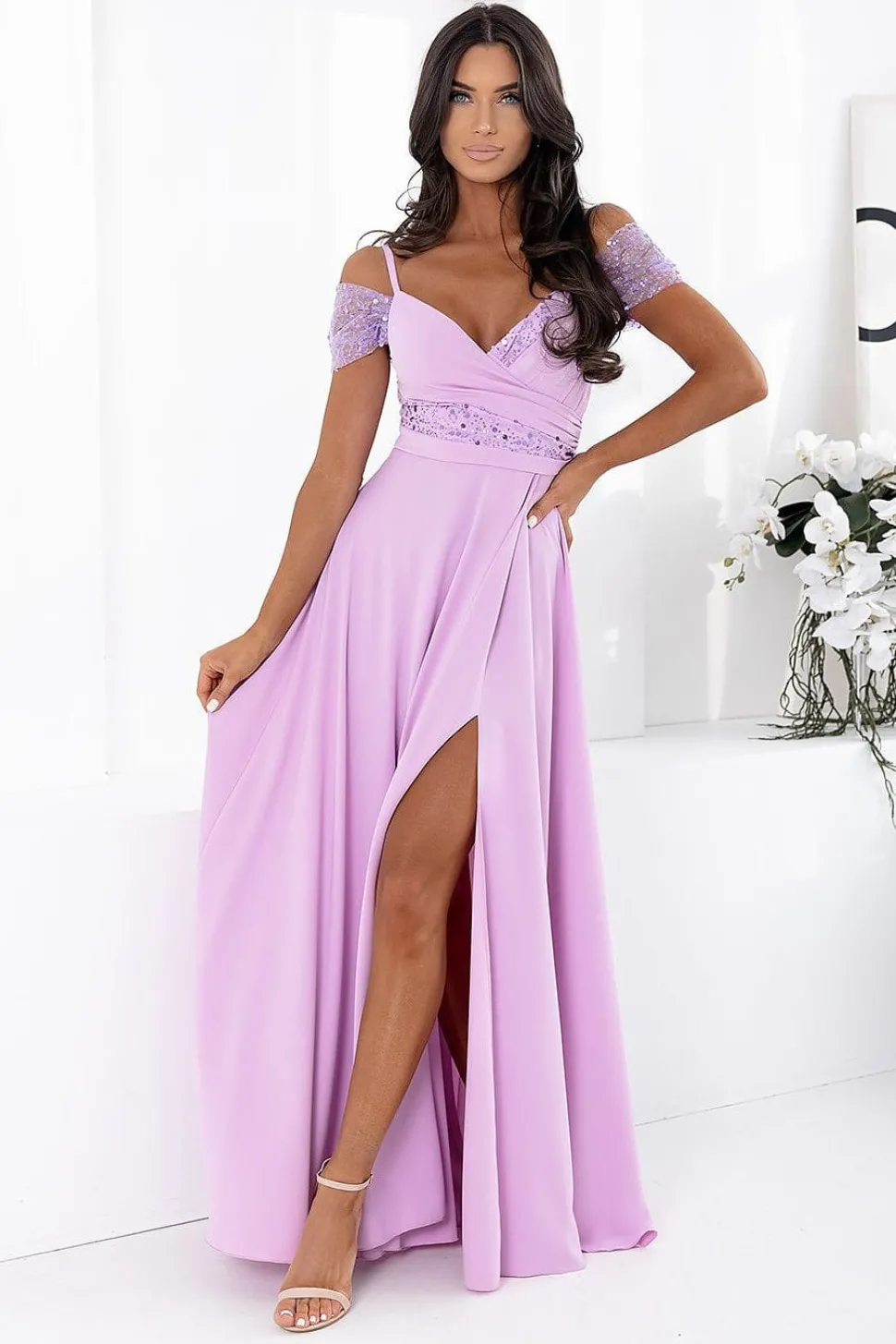 Robe de soirée lilas longue fendue