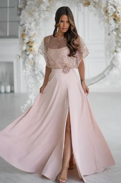 Robe de soirée longue beige chic pailletée