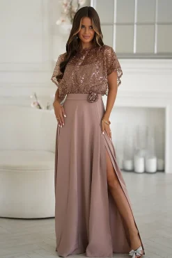 Robe de soirée longue beige fendue boléro pailleté