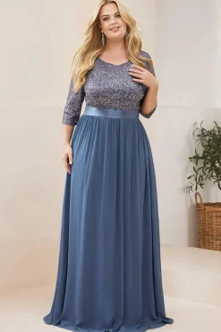 Robe de soirée longue bleu avec tulle et paillettes