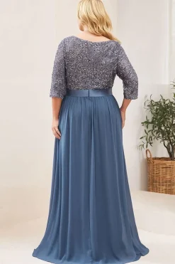 Robe de soirée longue bleu avec tulle et paillettes