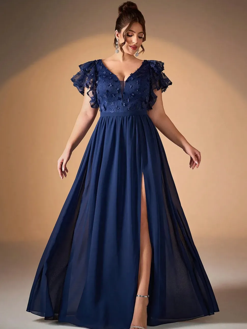 Robe de soirée longue bleue grande taille haut en dentelle brodée