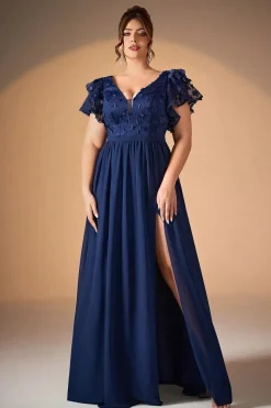 Robe de soirée longue bleue grande taille haut en dentelle brodée