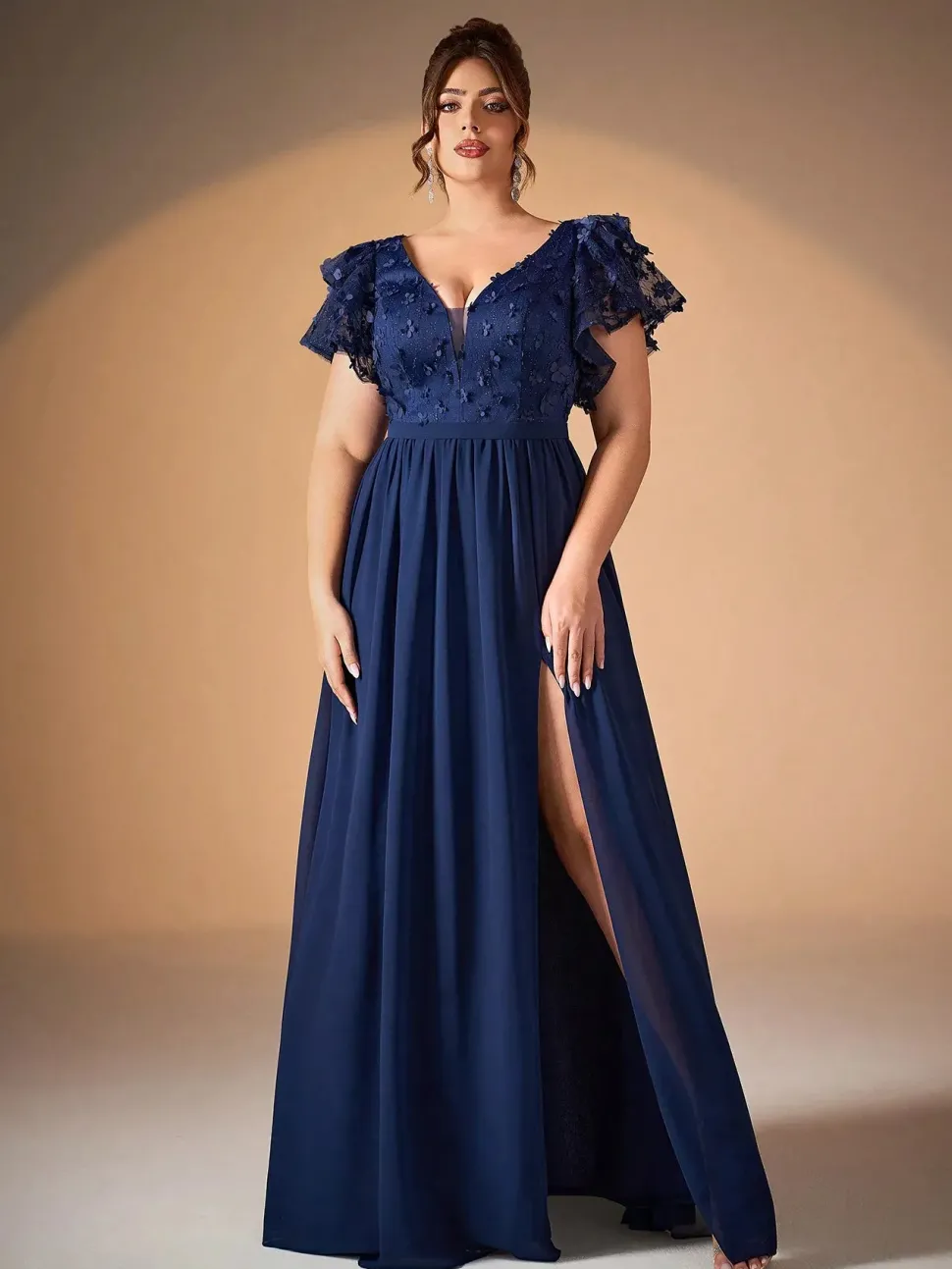 Robe de soirée longue bleue grande taille haut en dentelle brodée