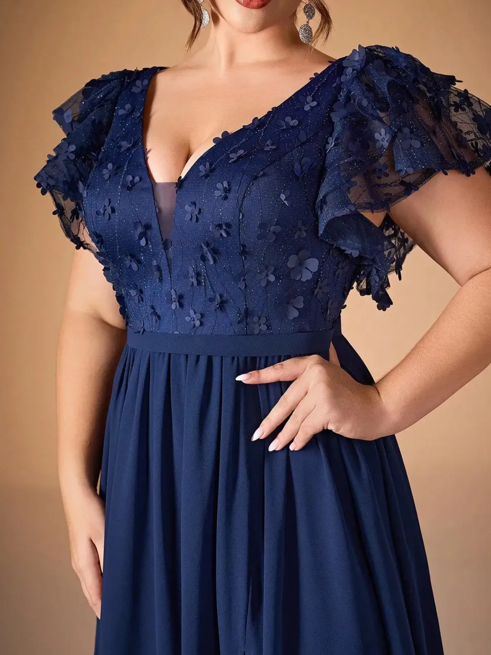 Robe de soirée longue bleue grande taille haut en dentelle brodée