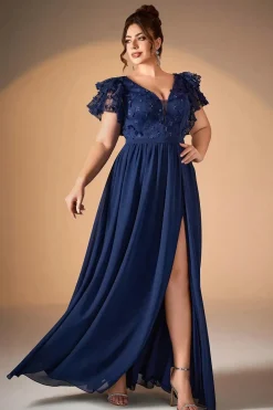 Robe de soirée longue bleue grande taille haut en dentelle brodée