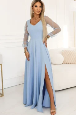Robe de soirée longue bleue manches transparentes