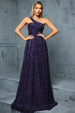 Robe de soirée longue bleue à une épaule avec fil métallique