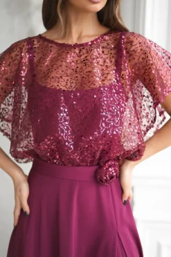 Robe de soirée longue bordeaux avec boléro à sequins