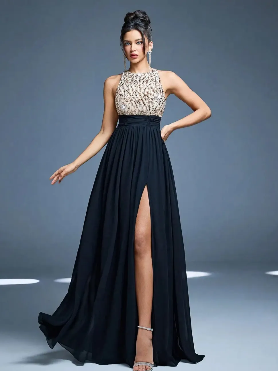 Robe de soirée longue chic haut en paillettes
