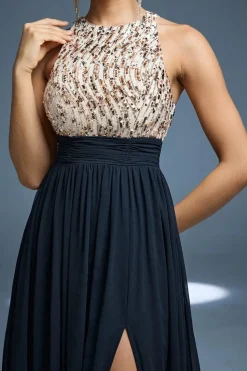 Robe de soirée longue chic haut en paillettes