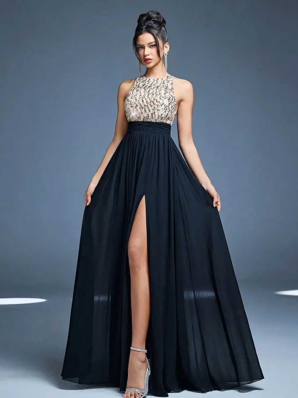 Robe de soirée longue chic haut en paillettes