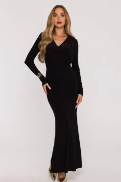 Robe de soirée longue chic noire manches longues