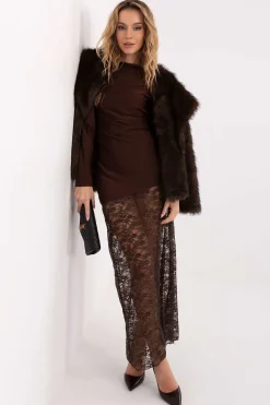Robe de soirée longue en dentelle marron