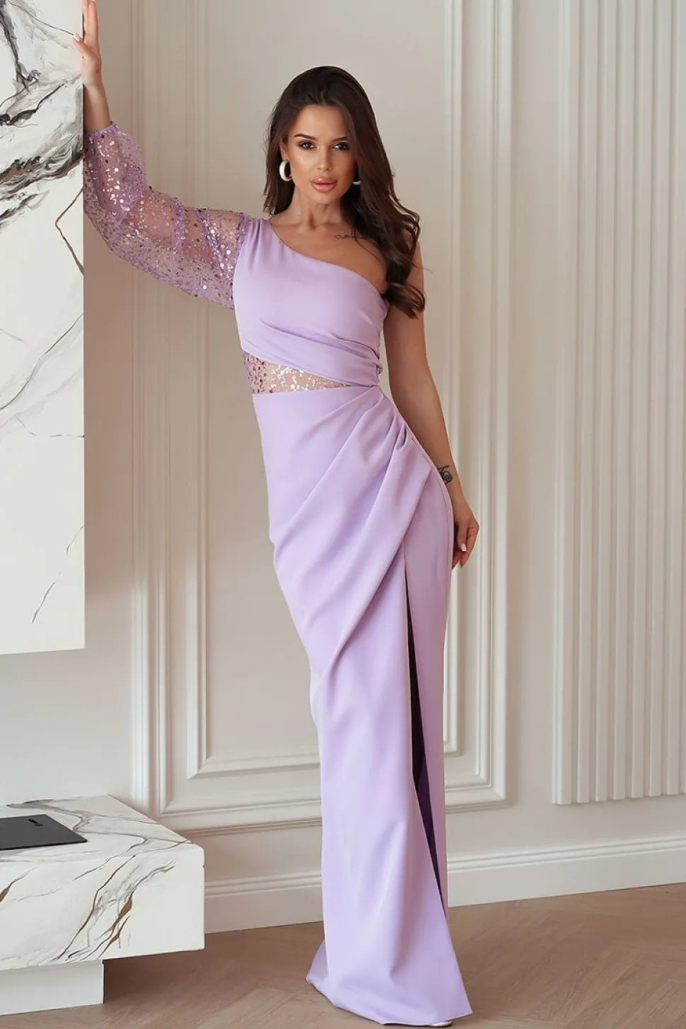 Robe de soirée longue fendue lilas