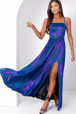 Robe de soirée longue fendue pailletée bleue