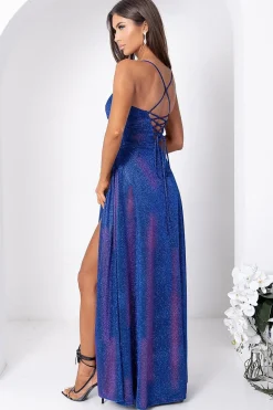 Robe de soirée longue fendue pailletée bleue