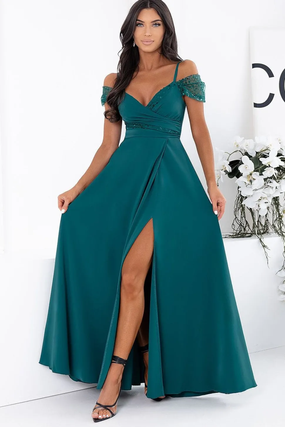 Robe de soirée longue fendue verte émeraude