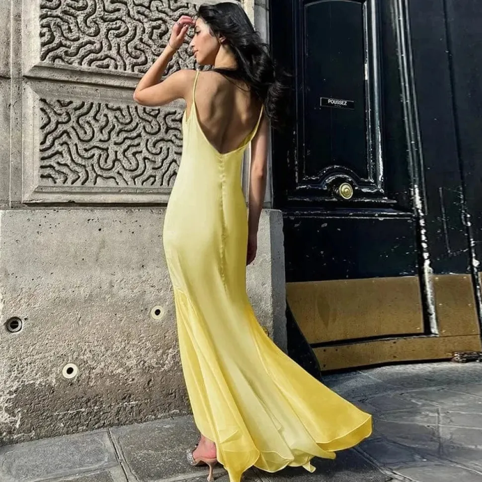 Robe de soirée longue jaune dos nu