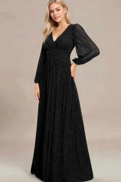 Robe de soirée longue noire manches longues col en V