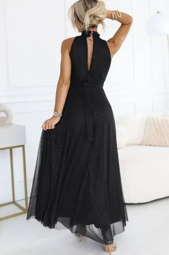 Robe de soirée longue noire pailletée ras-de-cou