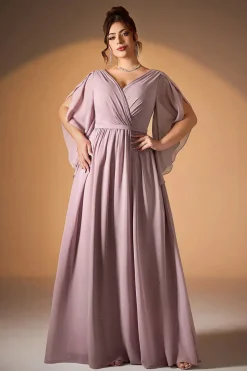 Robe de soirée longue rose poudré grande taille manches fluides