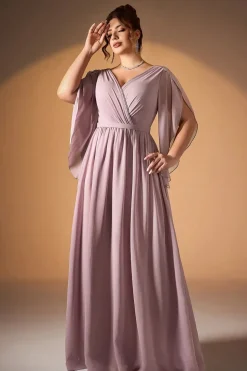 Robe de soirée longue rose poudré grande taille manches fluides