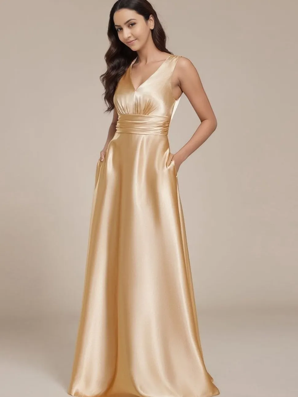 Robe de soirée longue satinée couleur champagne