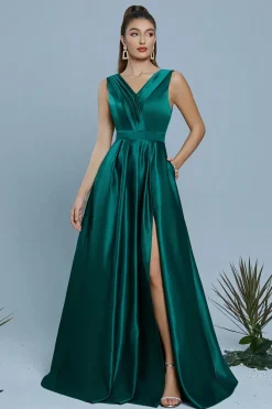 Robe de soirée longue verte avec fente haute