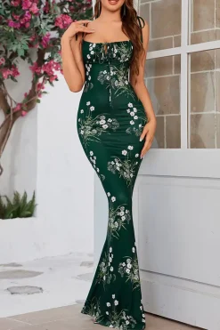 Robe de soirée longue verte motif fleuri